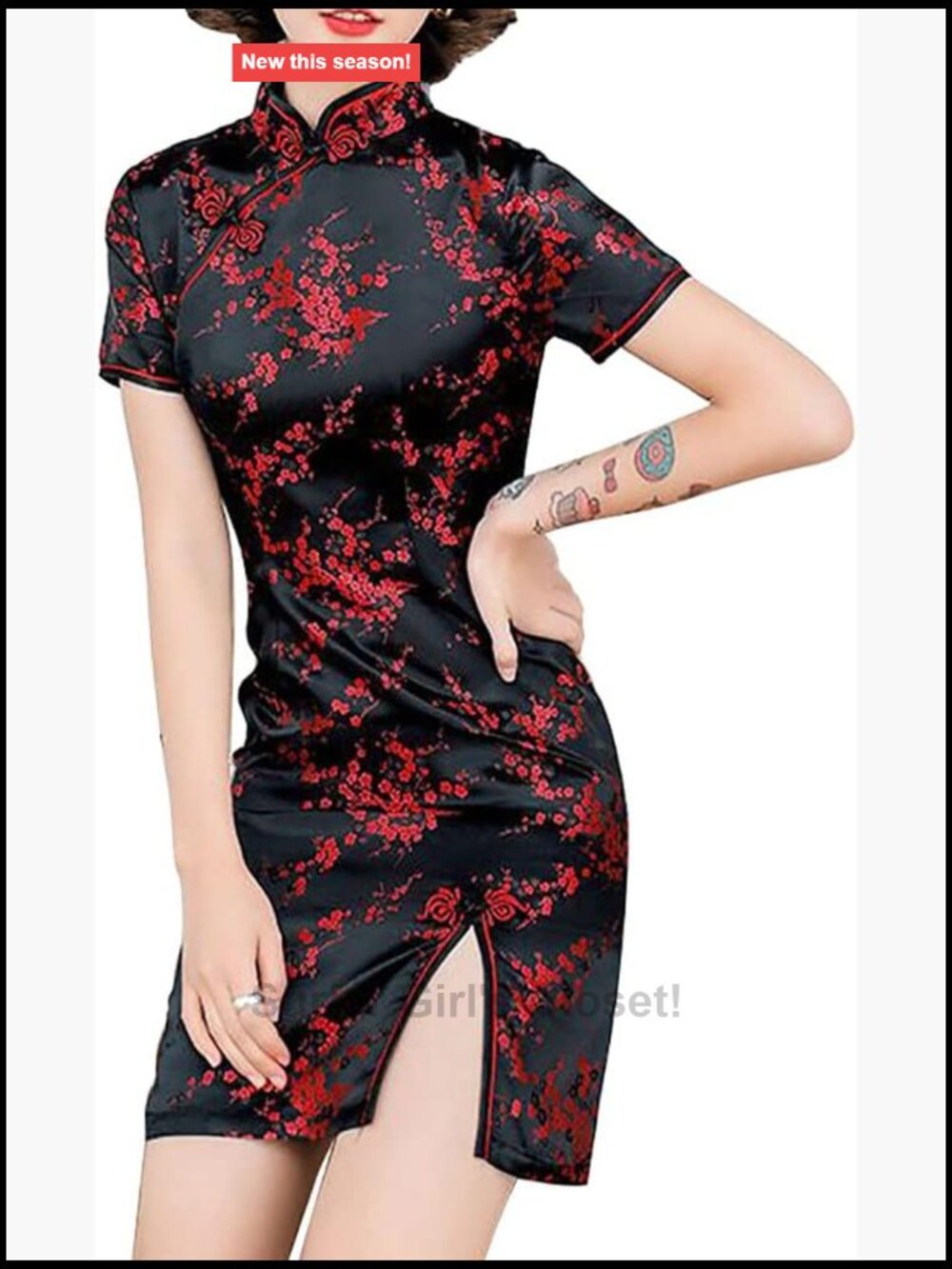 HFU Women's Cheongsam Dress Mandarin Collar Side Slit Bodycon Cocktail